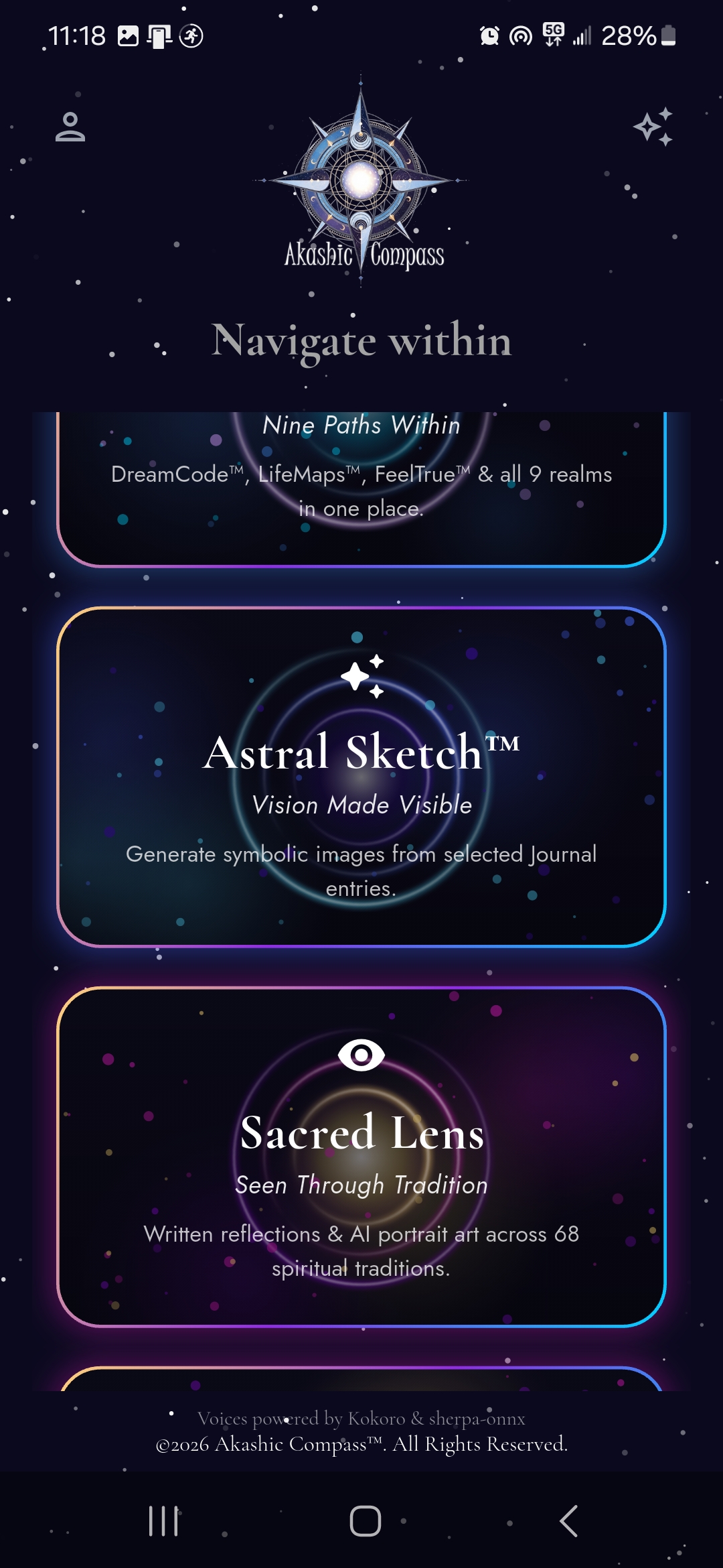 Realms, Astral Sketch, and Sacred Lens screen