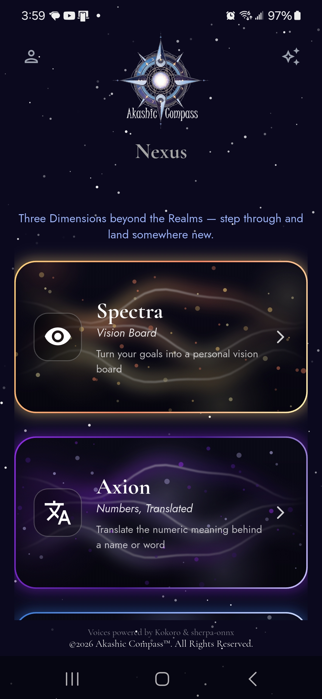 Nexus screen showing the Spectra and Axion Dimensions