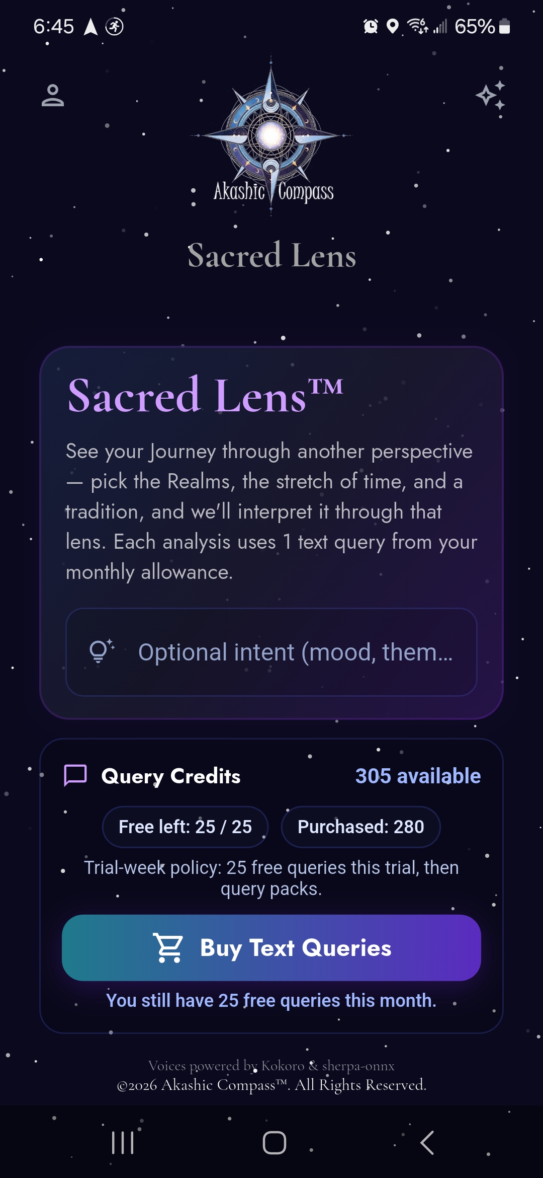 Sacred Lens app interface showing query options and credits