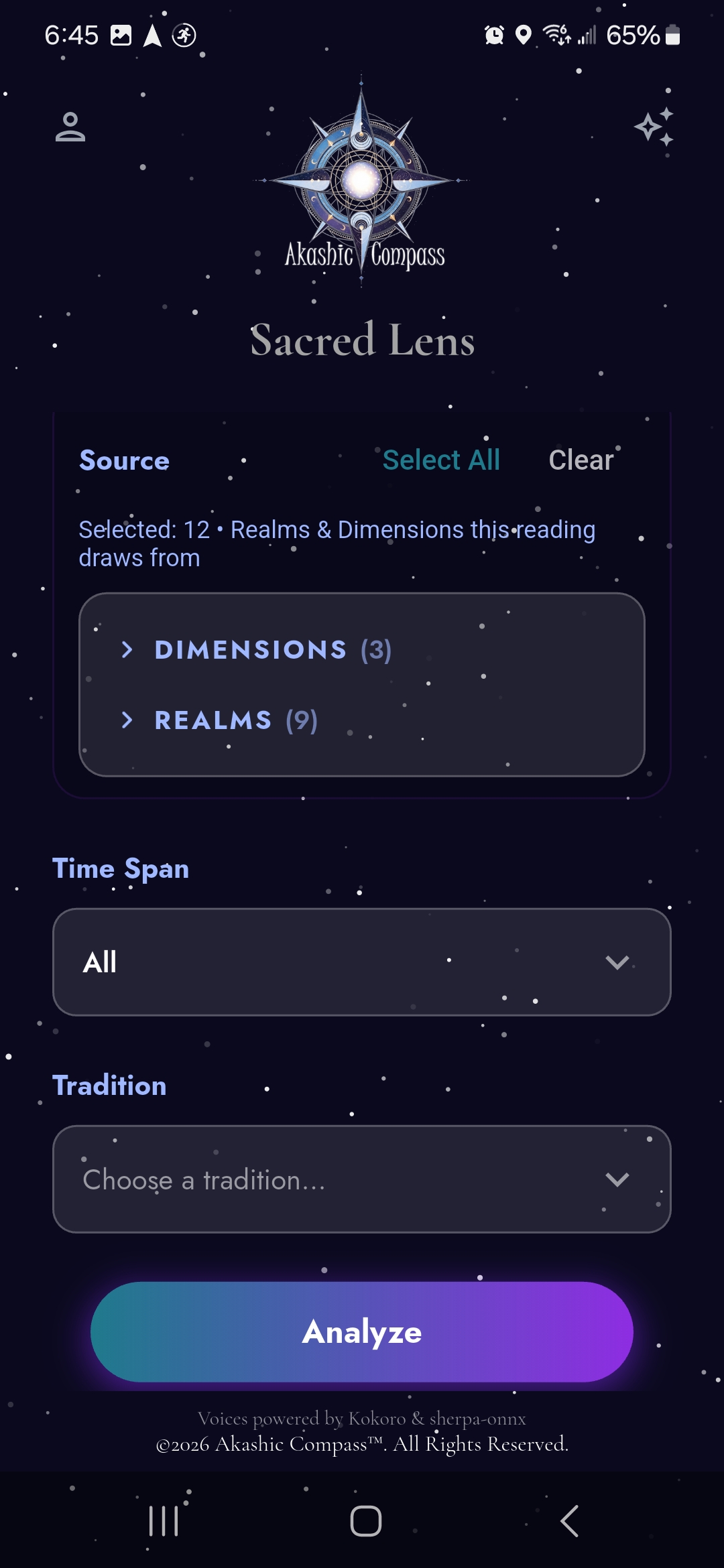 Sacred Lens app configuration view with source selection and tradition filters