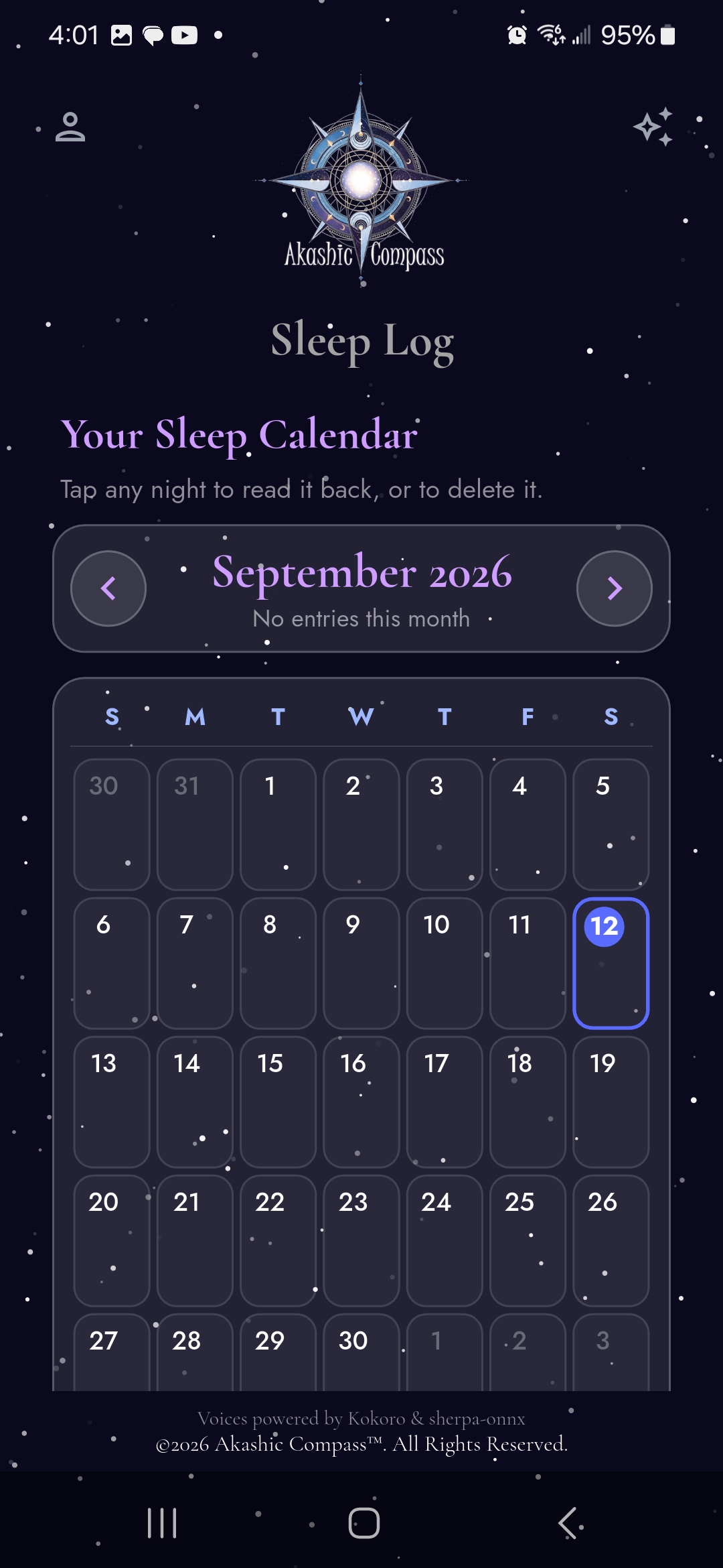 Monthly Sleep Calendar showing saved nights